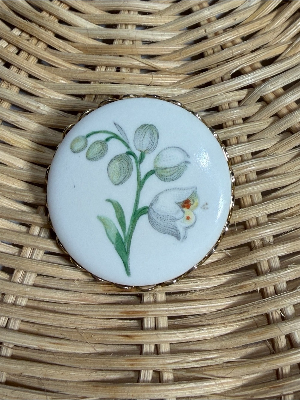 Vintage Hand Painted Lily of the Valley Porcelain Brooch Cottagecore Grandmacore